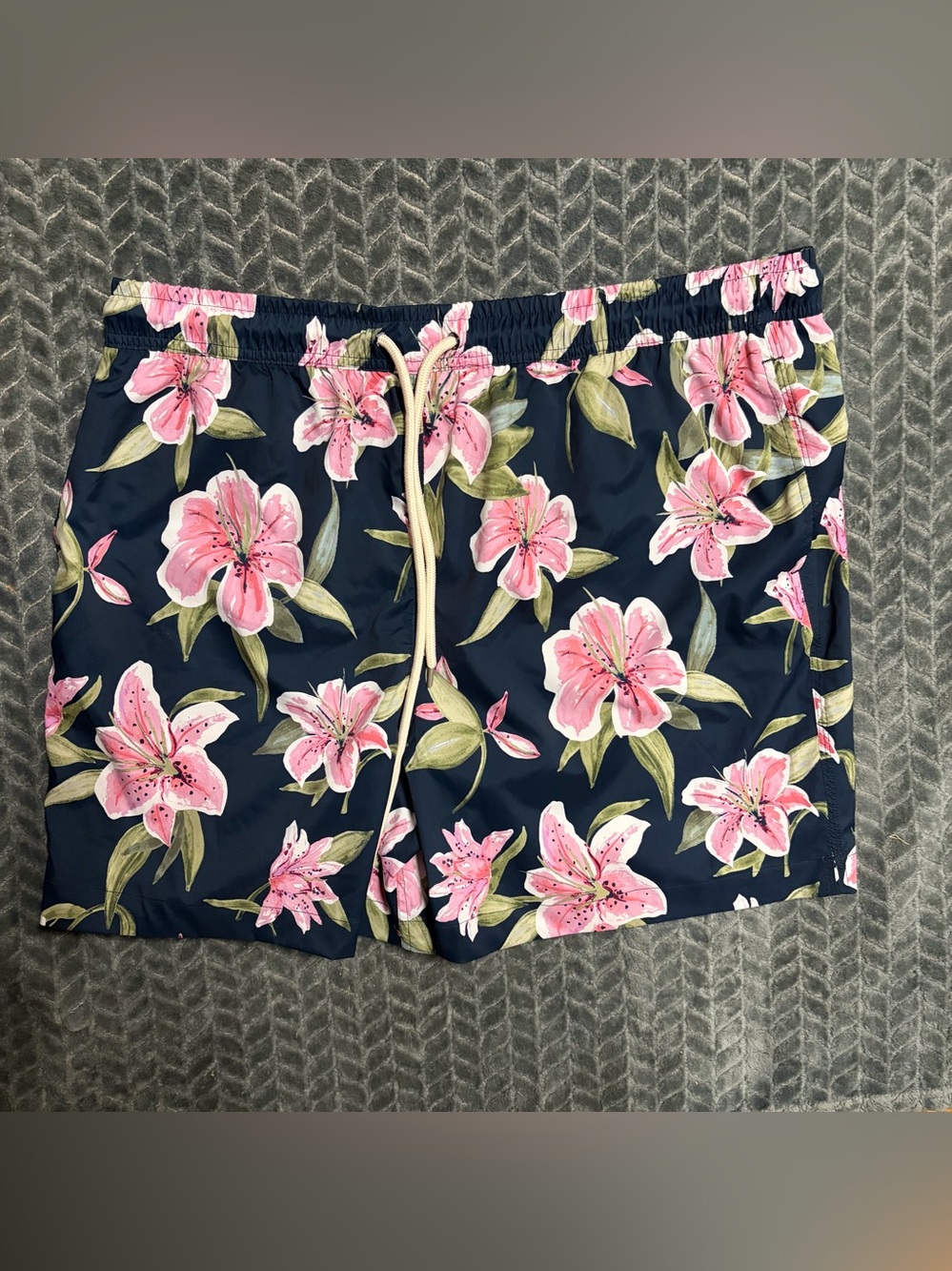 Brooks Brothers Navy Floral Swim Trunks with Pink Blossoms